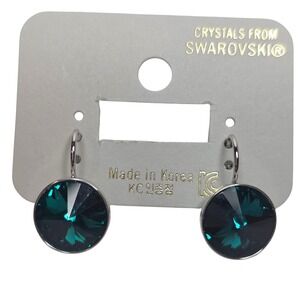 New! SwarovskiElements TealEmeraldCrystal LeverbackEarrings 13mm PlatinumPlated